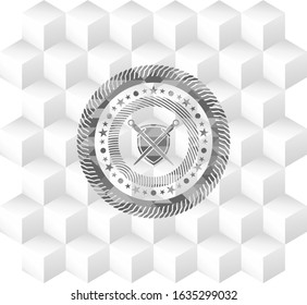 swords crossed with shield icon inside realistic grey emblem with cube white background