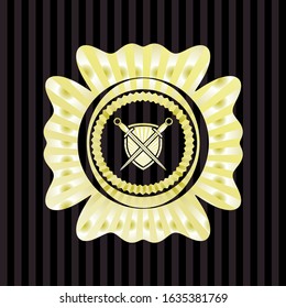 swords crossed with shield icon inside gold emblem