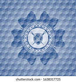 swords crossed with shield icon inside blue emblem with geometric background.