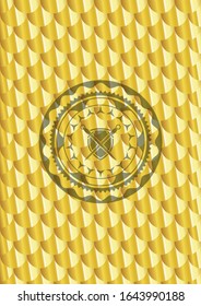 espadas cruzadas con icono de escudo dentro de la insignia dorada. Patrón de escalas. Ilustración vectorial. Detallado.