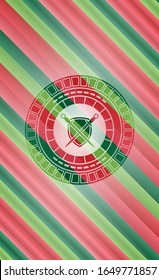 swords crossed with shield icon inside christmas style badge..