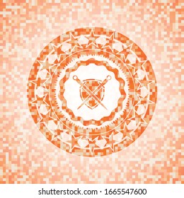 swords crossed with shield icon inside abstract emblem, orange mosaic background