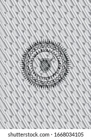 swords crossed with shield icon inside silver shiny badge. Scales pattern. Vector Illustration. Detailed.
