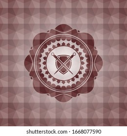 Schwerter, die mit einer Schildkröte gekreuzt werden, in rotem Emblem mit geometrischem Muster, Hintergrund. Nahtlos.