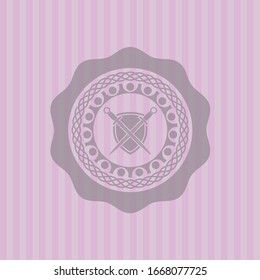 Schwerter, die mit einem Schildsymbol in einem realistischen rosa Emblem gekreuzt werden