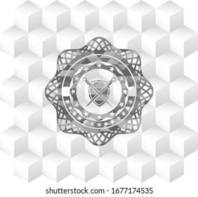 Schwerter mit Schildsymbol in grauem Symbol oder Emblem mit geometrischem, weißem Hintergrund