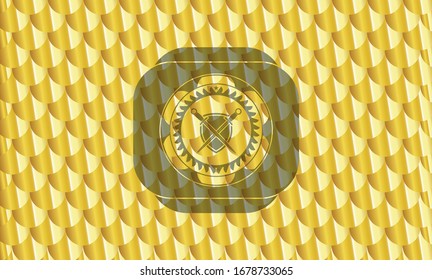 swords crossed with shield icon inside gold badge. Scales pattern. Vector Illustration. Detailed.
