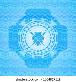 swords crossed with shield icon inside water representation style emblem.
