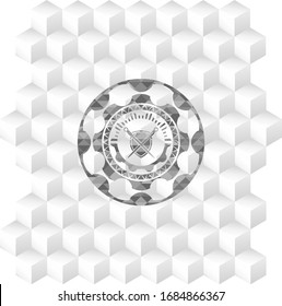 swords crossed with shield icon inside realistic grey emblem with geometric cube white background