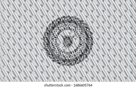 Schwerter, die mit Schild Symbol in silberfarbenem Abzeichen gekreuzt werden. Skaliert Muster. Vektorillustration Illustration. Detaillierte Angaben.