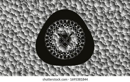 swords crossed with shield icon inside dark icon or emblem with grey bubbles background. Vector Illustration. Detailed.