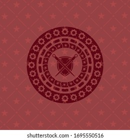 Schwerter, die mit einem Schildsymbol in rotem Symbol oder Emblem überkreuzt sind