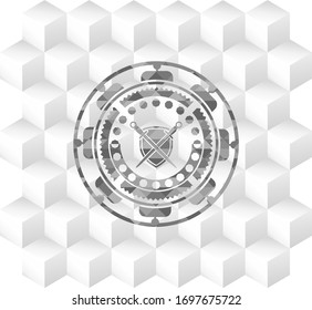 espadas cruzadas con icono de escudo dentro de icono gris o emblema con fondo blanco de cubo geométrico