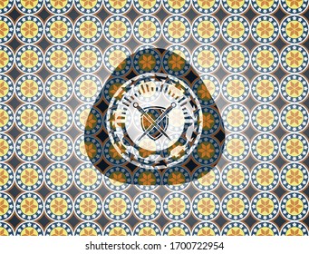 swords crossed with shield icon inside arabesque badge background. arabic decoration.
