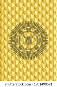 swords crossed with shield icon inside golden badge. Scales pattern. Vector Illustration. Detailed.