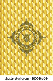 Schwerter, die mit Schildsymbol in goldglänzendem Schild überkreuzt sind. Skaliert Muster. Vektorgrafik. Detaillierte Angaben. 