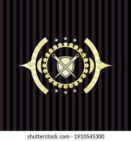 swords crossed with shield icon inside gold emblem. 