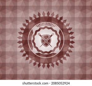 Schwerter, die mit Schildsymbol in rotem, nahtlosem polygonalem Abzeichen überkreuzt werden. 