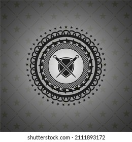 swords crossed with shield icon inside dark emblem. 
