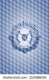swords crossed with shield icon inside blue badge with geometric pattern. 