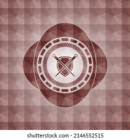 swords crossed with shield icon inside red seamless emblem with geometric pattern. 