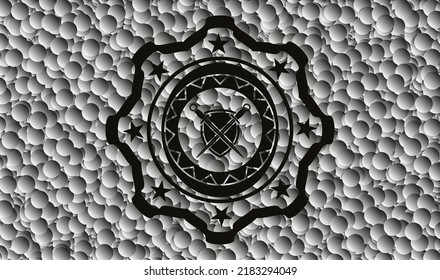Schwerter, die mit Schildsymbol in dunklem Emblem gekreuzt werden, mit blasen Hintergrund. Retro. Vektorgrafik. Detaillierte Angaben. 