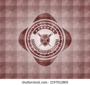 swords crossed with shield icon inside red emblem with geometric pattern. Seamless. 