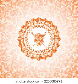 swords crossed with shield icon inside orange mosaic emblem. 