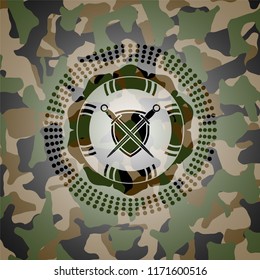 swords crossed with shield icon on camo pattern