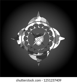 swords crossed with shield icon on grey camo pattern