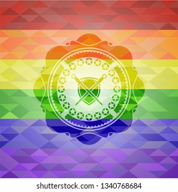 swords crossed with shield icon on mosaic background with the colors of the LGBT flag