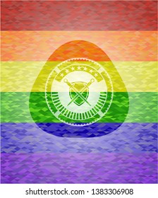 swords crossed with shield icon on mosaic background with the colors of the LGBT flag