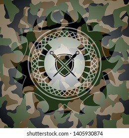 swords crossed with shield icon on camouflage pattern