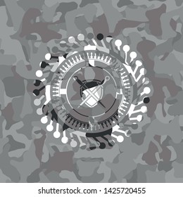 swords crossed with shield icon on grey camouflaged pattern