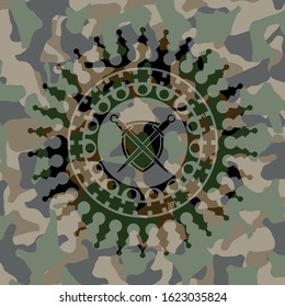 swords crossed with shield icon on camo pattern
