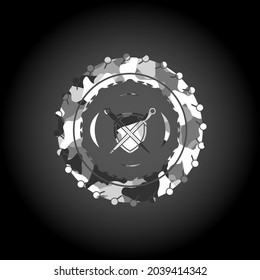 swords crossed with shield icon on grey camouflage pattern. 