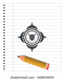 swords crossed with shield icon with pencil strokes. Vector Illustration. Detailed.