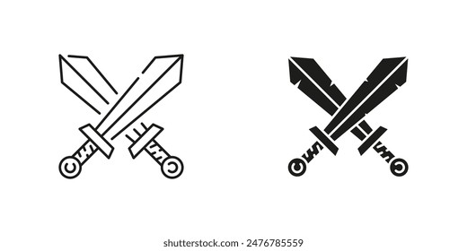 Swords crossed vector icons. Battle sword crossed icon outline and flat.