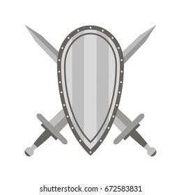 Swords crossing and shield illustration. Vector icon