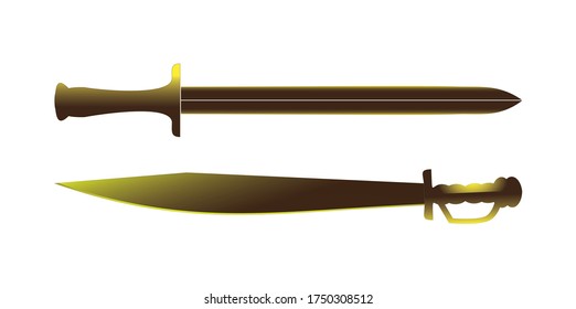 ilustración vectorial de espadas y daga, símbolo guerrero aislado en blanco.