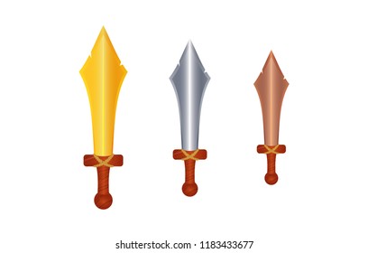 Swords, daggers made from different materials: metal, gold, silver and bronze. Knives have wooden hilt, grip. Prize, reward symbols for game winners. Attack level sign. Cartoon vector illustration.