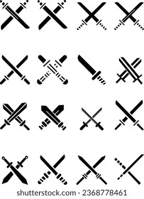 Swords in flat style and silhouettes isolated on white background. Icon set of ancient swords. Vector . Medieval swords