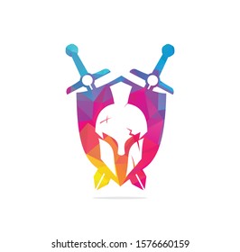 swords and helmet of the Spartan warrior symbol, emblem. Spartan helmet logo, vector illustration of spartan crossed sword and helm, Spartan Greek gladiator helmet armor flat vector icon.	