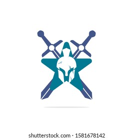 swords and helmet of the Spartan warrior symbol, emblem. Spartan star shape helmet logo, vector illustration of spartan crossed sword and helm, Spartan Greek gladiator helmet armor flat vector icon.	