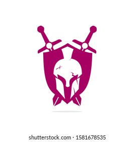 swords and helmet of the Spartan warrior symbol, emblem. Spartan helmet logo, vector illustration of spartan crossed sword and helm, Spartan Greek gladiator helmet armor flat vector icon.	