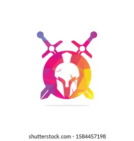 swords and helmet of the Spartan warrior symbol, emblem. Spartan helmet logo, vector illustration of spartan crossed sword and helm, Spartan Greek gladiator helmet armor flat vector icon.	