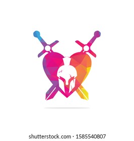swords and helmet of the Spartan warrior symbol, emblem. Spartan helmet heart shape logo, vector illustration of spartan crossed sword and helm, Spartan Greek gladiator helmet armor flat vector icon.	