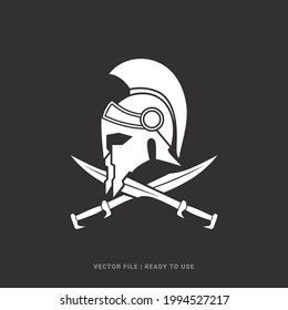 Swords and helmet of the Spartan warrior symbol, emblem isolated on black background.