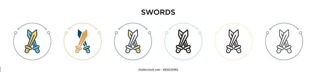 Swords icon in filled, thin line, outline and stroke style. Vector illustration of two colored and black swords vector icons designs can be used for mobile, ui, web