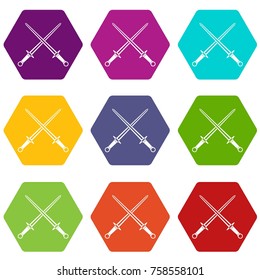 Swords icon set many color hexahedron isolated on white vector illustration
